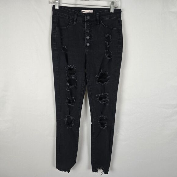 SO Jegging Juniors 7 / 28 Black Super High Rise Curvy Destroyed Button - Picture 1 of 16